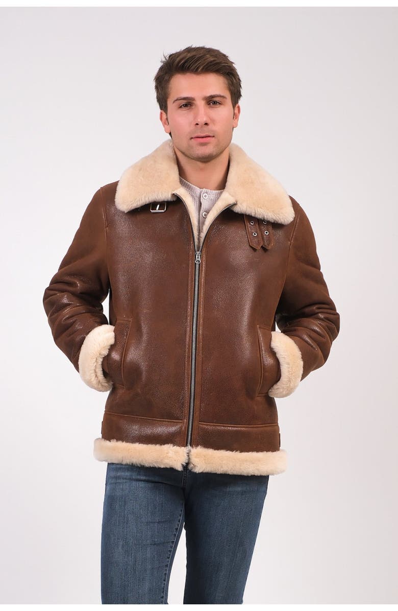 Furniq UK Rupert Textured Leather Shearling Aviator Jacket, Alternate, color, Brown