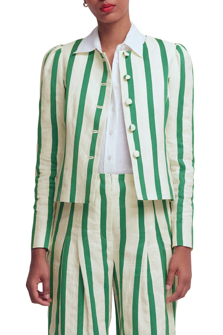 Salisbury Stripe Puff Sleeve Linen & Cotton Jacket, Main, color, IVORY, FRESH GREEN STRIPE