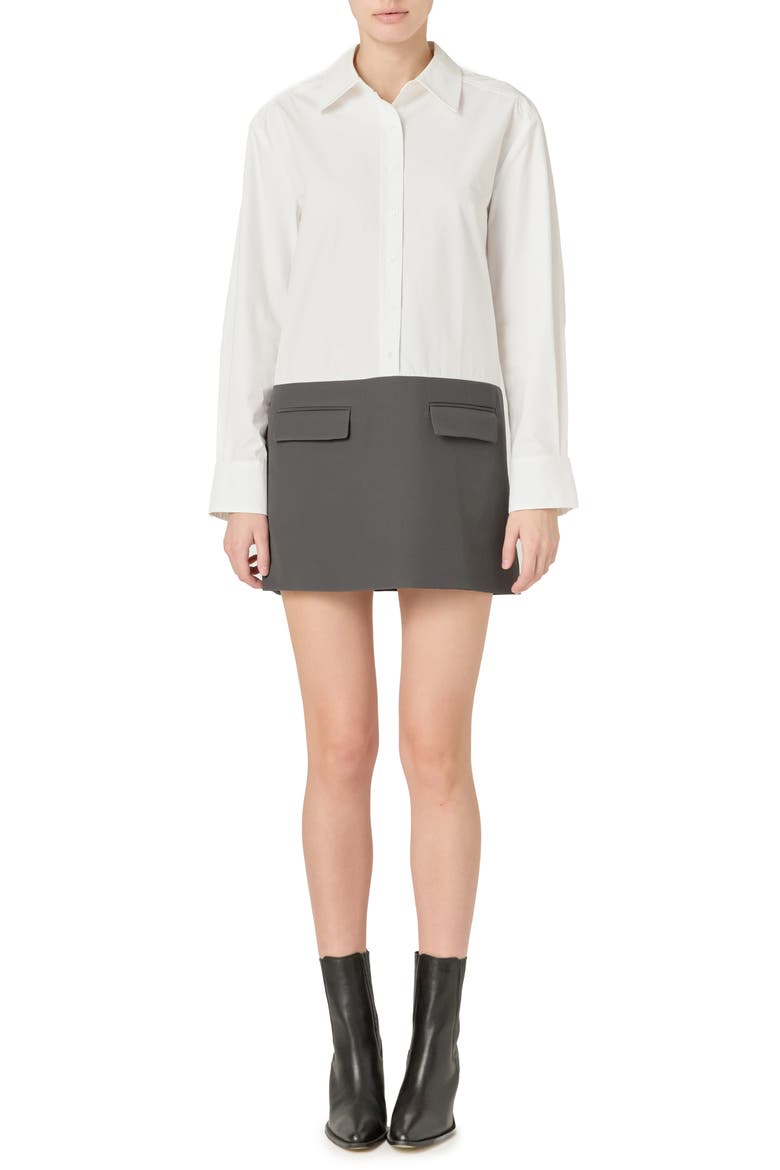 Colorblock Long Sleeve Shirtdress, Main, color, WHITE / CHARCOAL