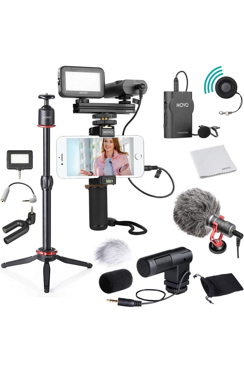 MOVO V8 Huge Vlogging Kit for iPhone with Tripod, Grip, Microphones, LED Lights, and Wireless Remote, Main, color, Black