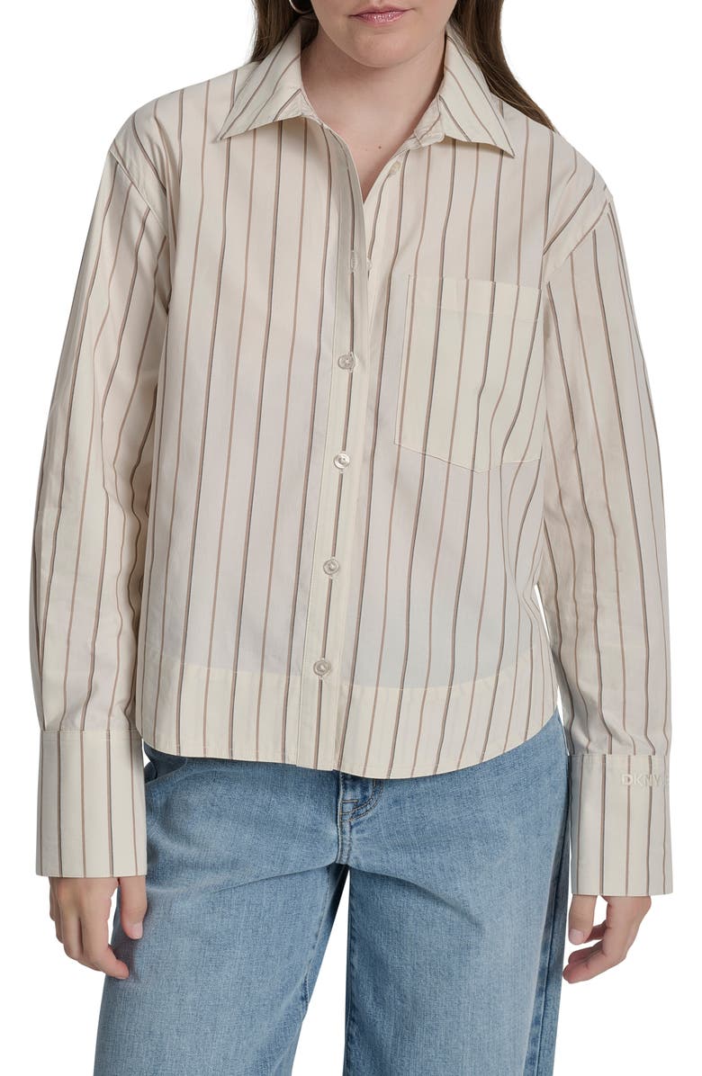 DKNY Jeans Oversize Long Sleeve Crop Button-Up Shirt, Main, color, Brown / Eggnog