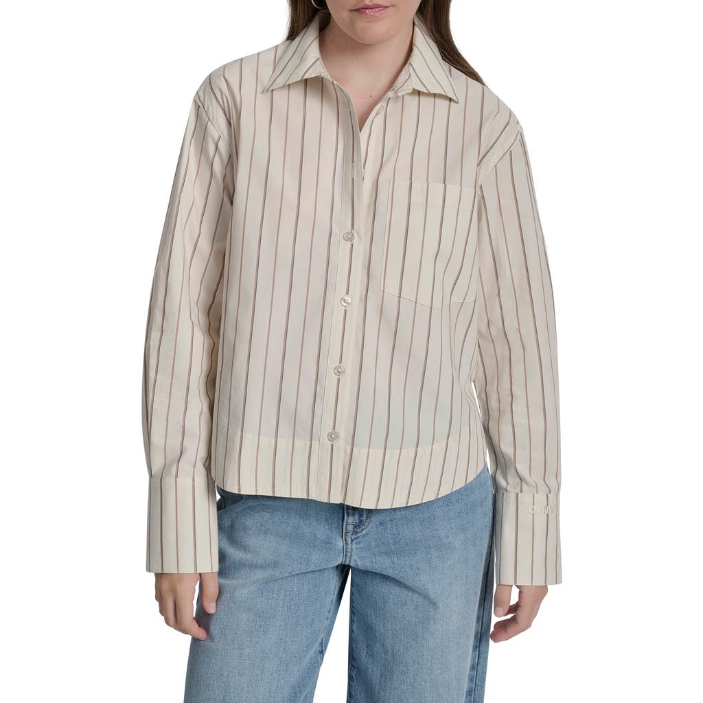 Dkny Jeans Oversize Long Sleeve Crop Button-up Shirt In Multi