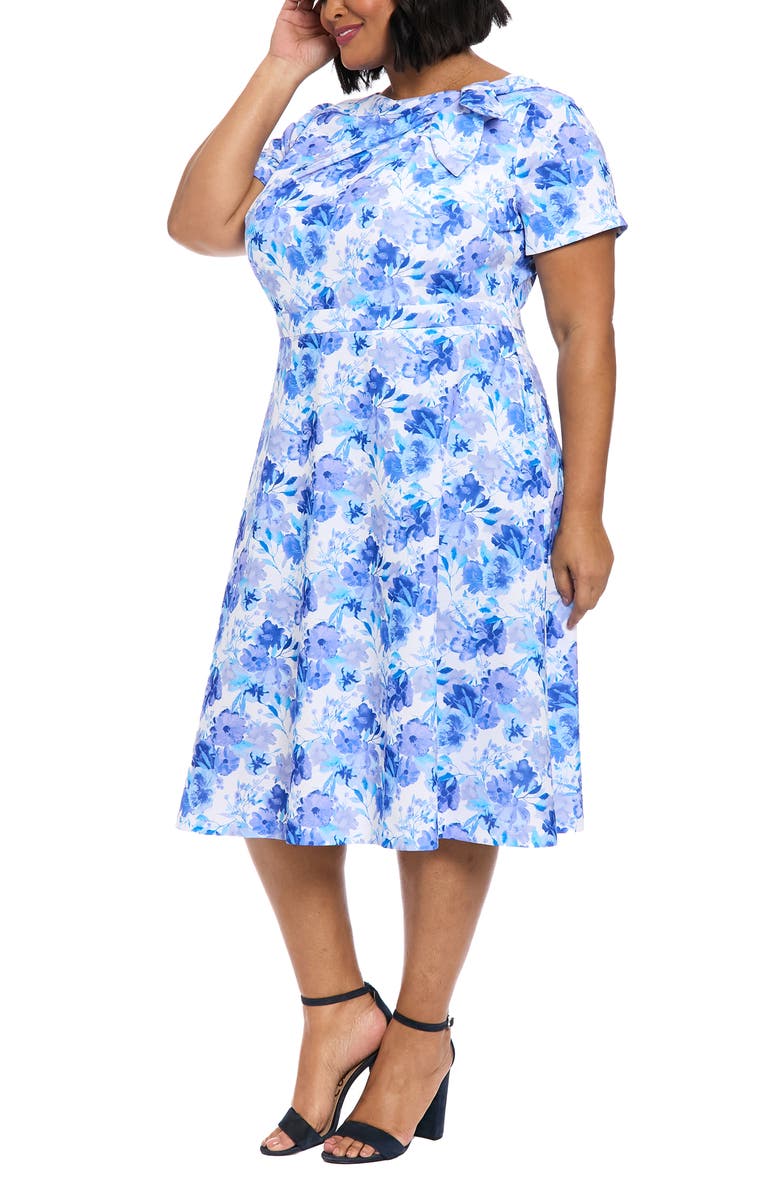 London Times Floral Tie Neck Short Sleeve Fit & Flare Midi Dress, Alternate, color, Ivory/ Blue/ Royal