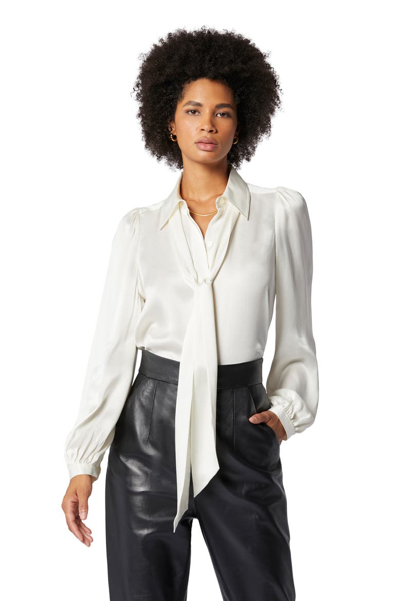Linneta Tie Neck Silk Satin Blouse, Alternate, color, NATURE WHITE