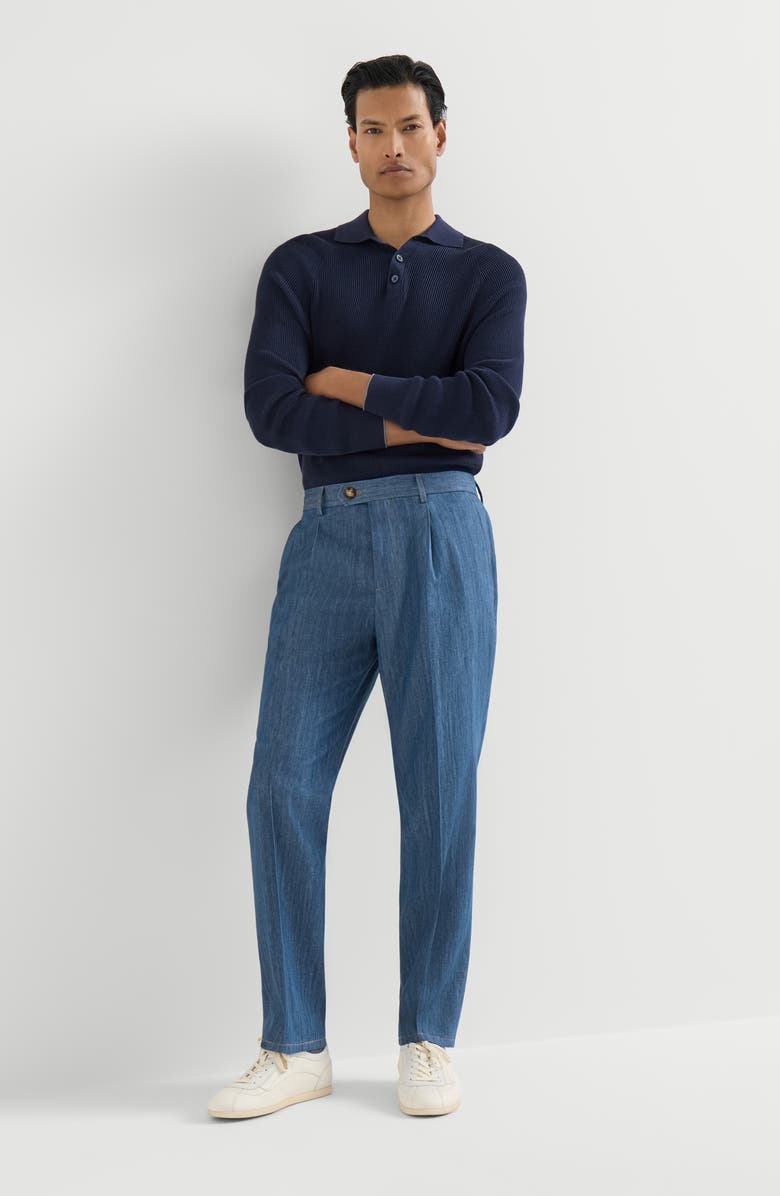Brunello Cucinelli Lightweight denimtrousers with double pleats, Alternate, color, Medium Denim