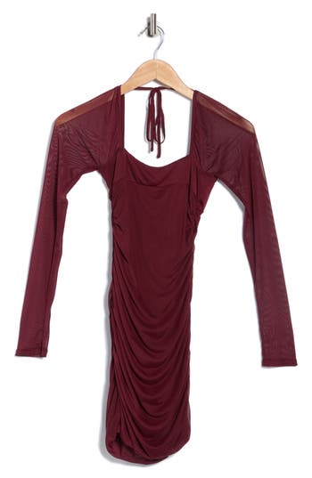 Abound Long Sleeve Ruched Mesh Minidress In Burgundy