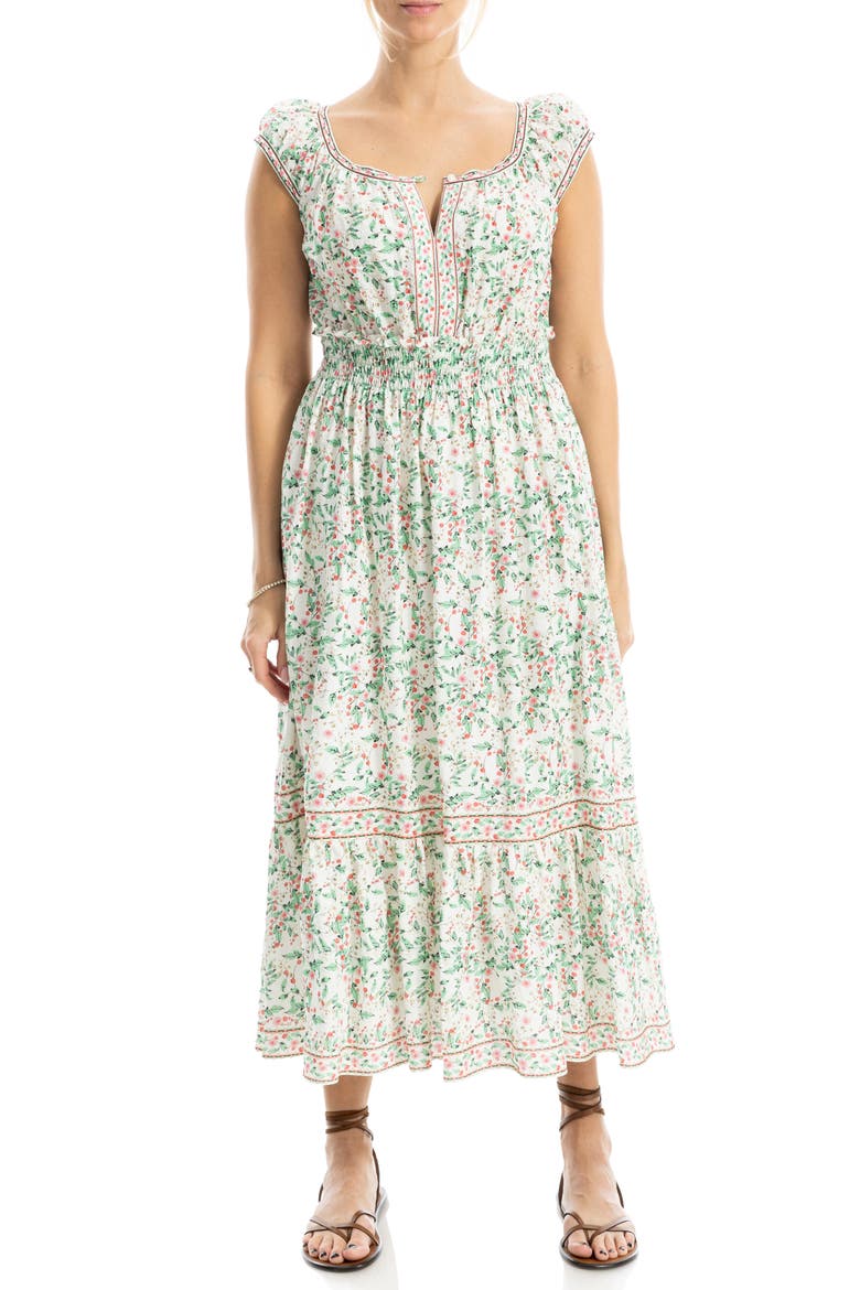 Cap Sleeve Tiered Midi Dress, Main, color, CREAM/ POPPY CHERRY BLOSSOMS