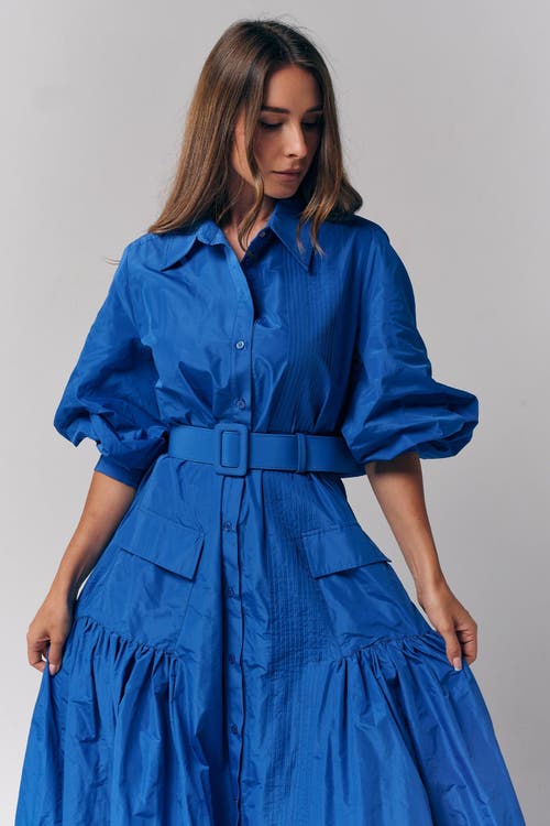 Le Fafo Bellted Taffeta Maxi Dress Gown In Blue