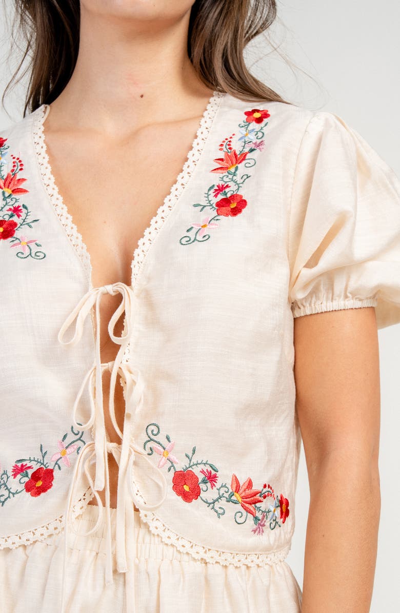 Beivy Gauze Embroidered Lace Up Top & Shorts Set, Alternate, color, Natural