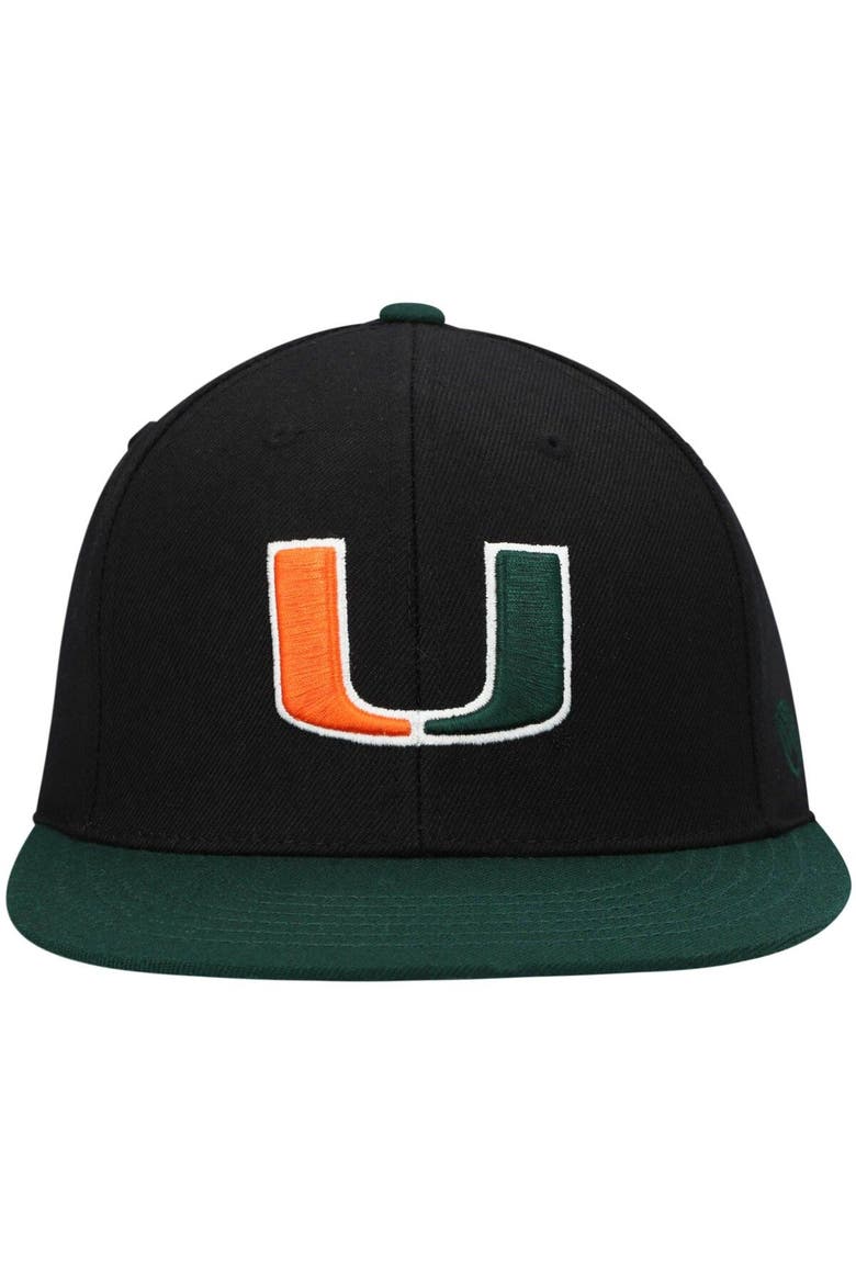 Men's Top of the World Black/Green Miami Hurricanes Team Color Two-Tone Fitted Hat, Alternate, color, Black