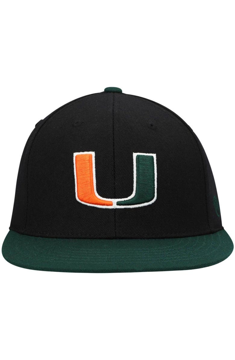 TOP OF THE WORLD Men's Top of the World Black/Green Miami Hurricanes Team Color Two-Tone Fitted Hat, Alternate, color, 