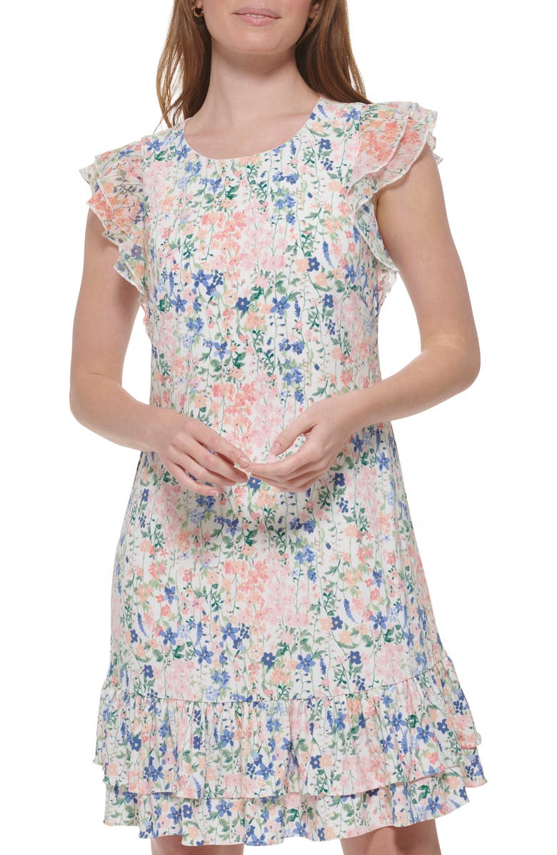 Tommy Hilfiger Floral Flutter Sleeve Ruffle Hem Dress, Alternate, color, 
