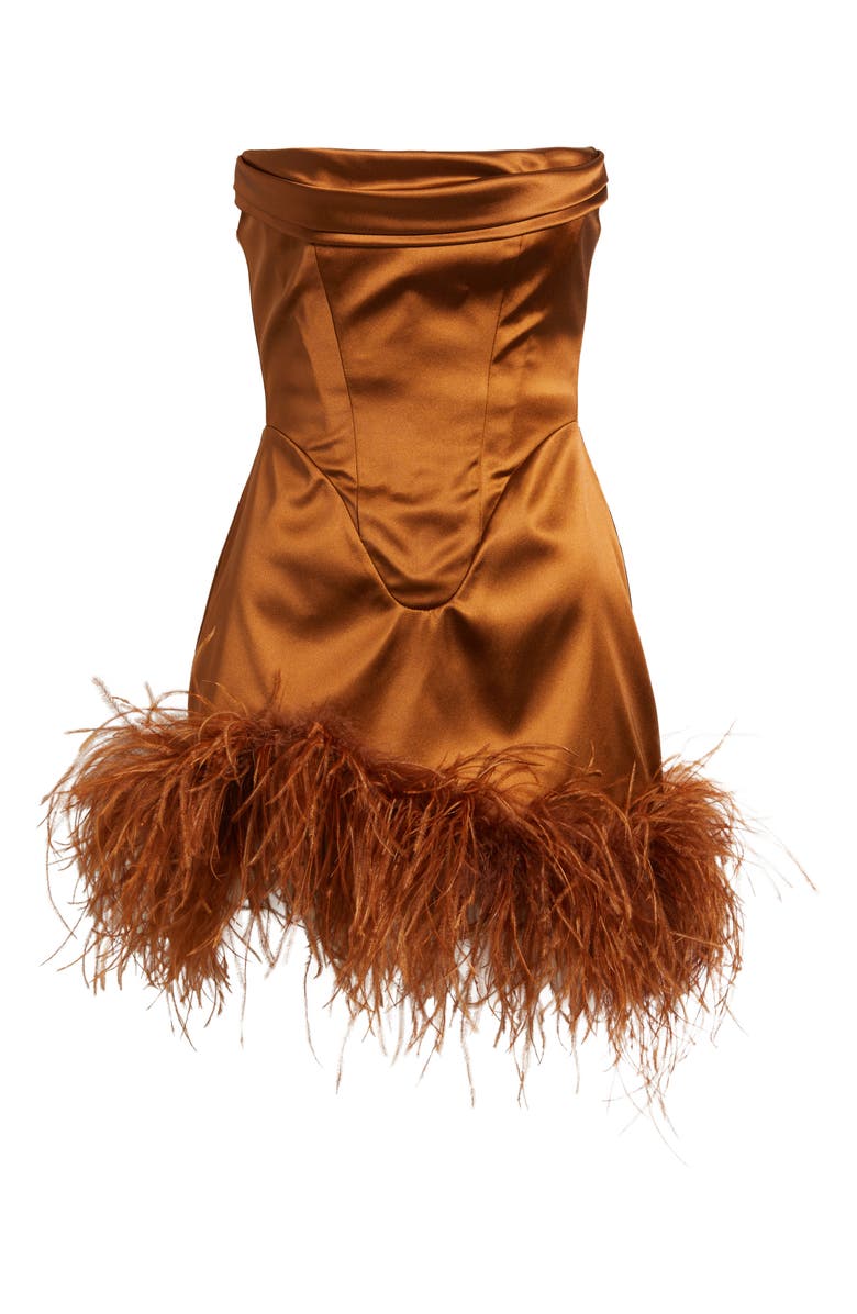 Delfi Collective Adrienne Ostrich Feather Hem Strapless Satin Cocktail Minidress, Alternate, color, Bronze