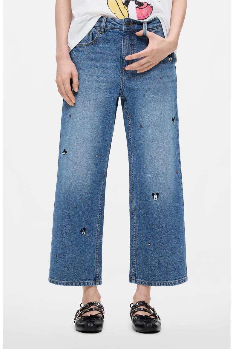 Mickey Mouse Embroidered High Waist Wide Leg Jeans, Main, color, LIGHT BLUE