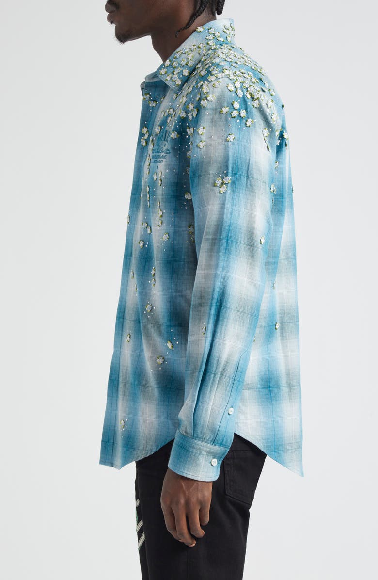 AMIRI Floral & Crystal Embellished Plaid Flannel Button-Up Shirt, Alternate, color, 