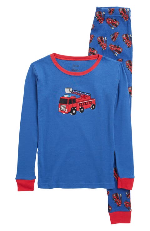 LEVERET Fire Truck Long Sleeve Top & Pants Pajama Set