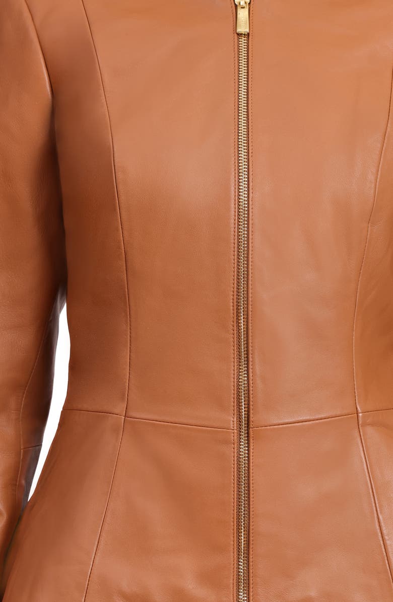 Bagatelle Genuine Leather Zip Front Peplum Jacket, Alternate, color, Cognac