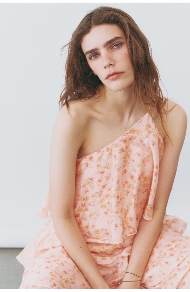 H&M Tiered One-shoulder Linen-blend Dress, Alternate, color, Light Pink/Floral