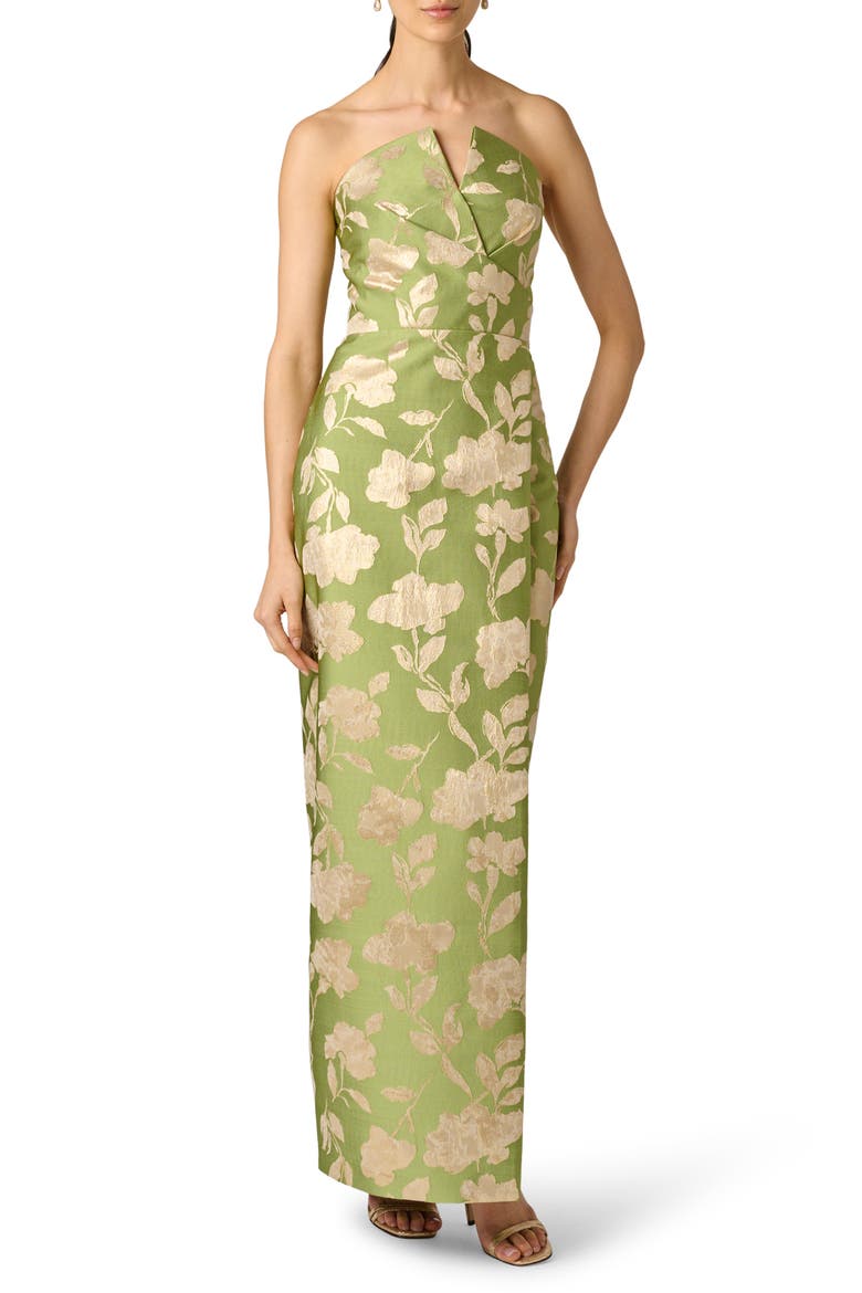 Metallic Floral Jacquard Strapless Column Gown, Main, color, FERN