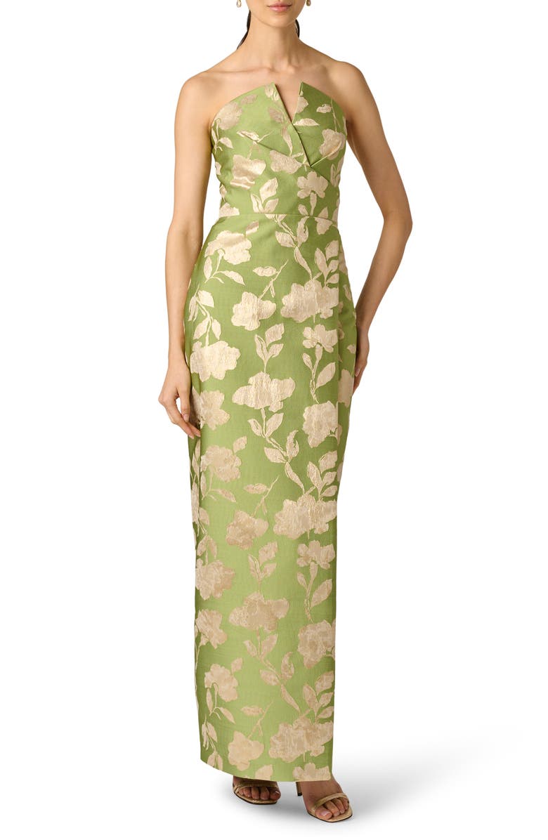 Aidan Mattox Metallic Floral Jacquard Strapless Column Gown, Main, color, Fern