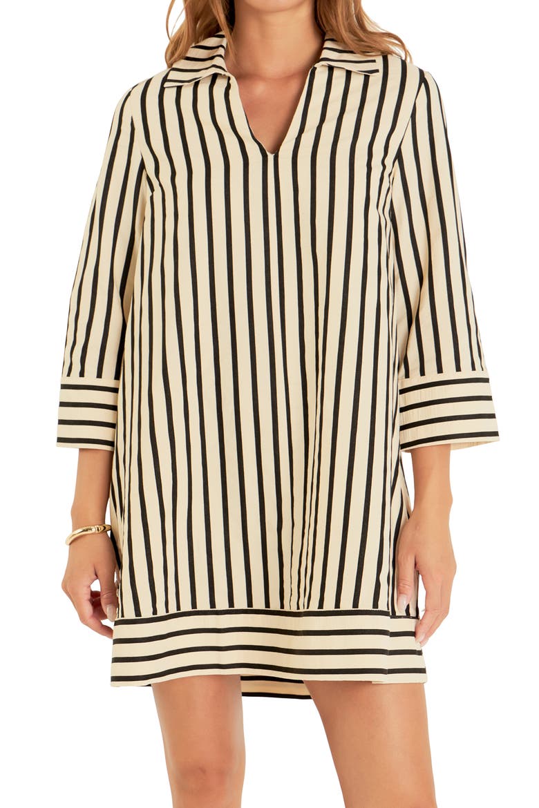 Stripe Three-Quarter Sleeve Dress, Alternate, color, BEIGE/ BLACK