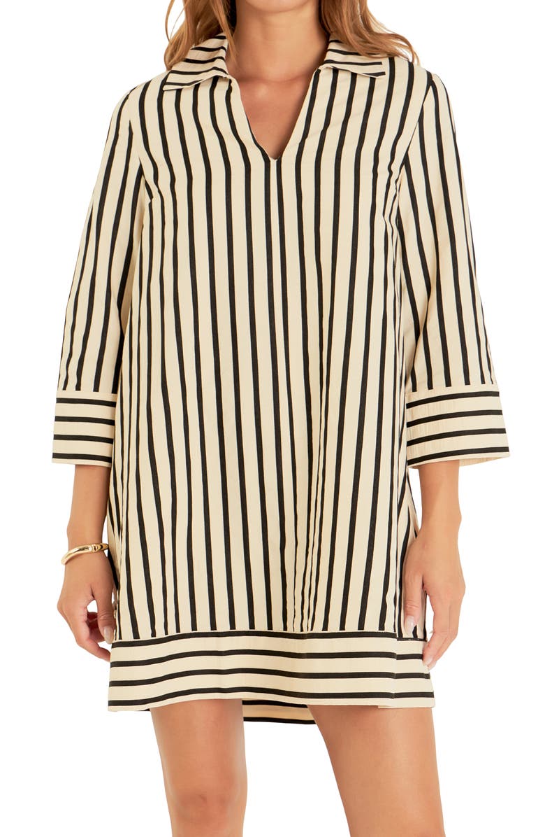 English Factory Stripe Three-Quarter Sleeve Dress, Alternate, color, Beige/ Black