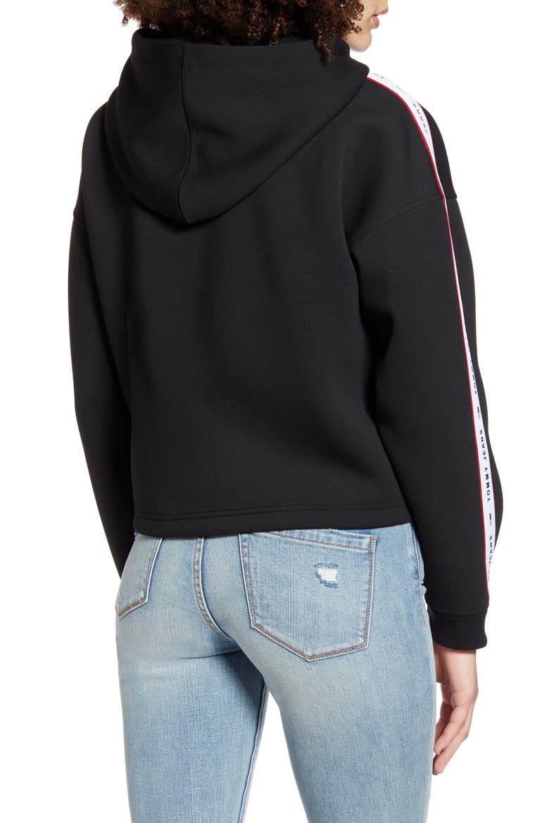 Logo Tape Crop Hoodie, Alternate, color, BLACK