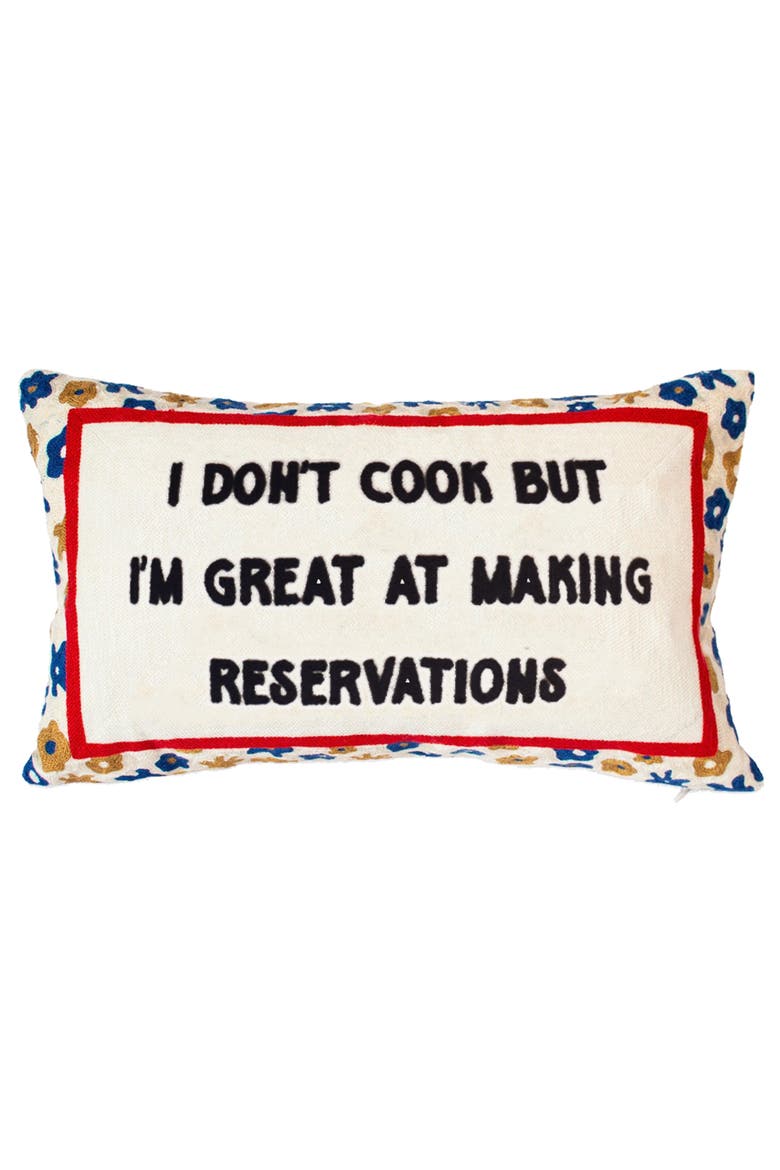 I Dont Cook But Im Great at Making Reservations - Slogan Needlepoint Pillow, Main, color, I Dont Cook