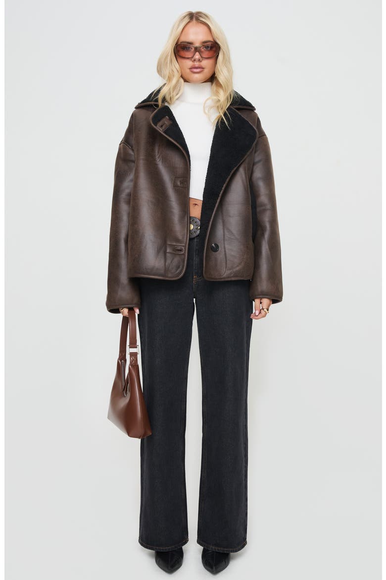 Nunez Water Repellent Faux Shearling Lined Faux Leather Jacket, Alternate, color, BROWN