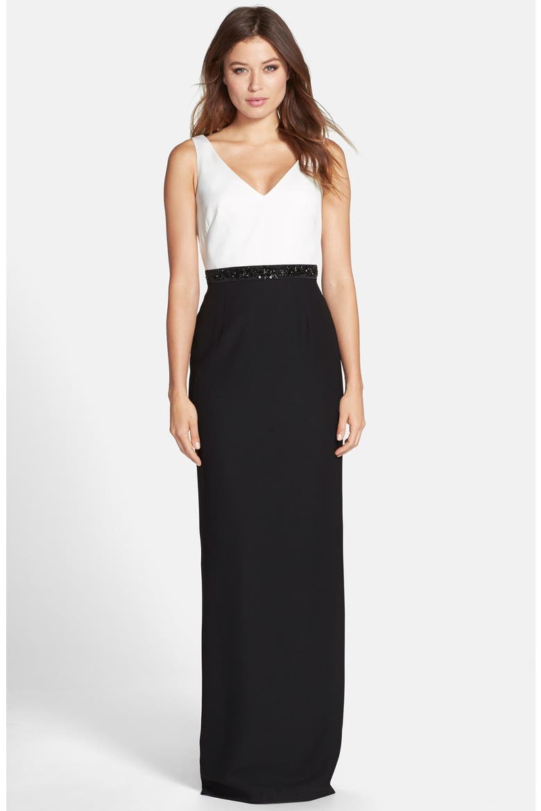 Embellished Colorblock Crepe Gown with Bolero, Alternate, color, BLACK/ IVORY