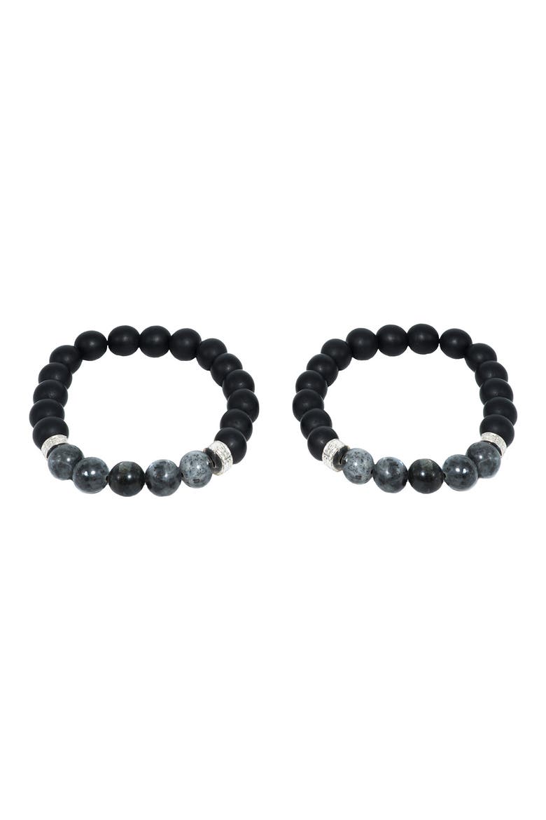 Black Wood & Grey Labradorite Beaded Stretch Bracelet Set, Alternate, color, GUN METAL