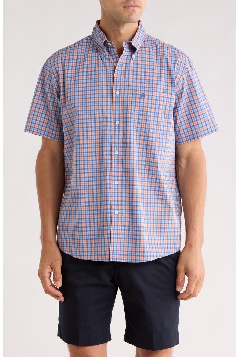 Sport Fit Plaid Short Sleeve Button-Down Shirt, Main, color, PEACH CHECK
