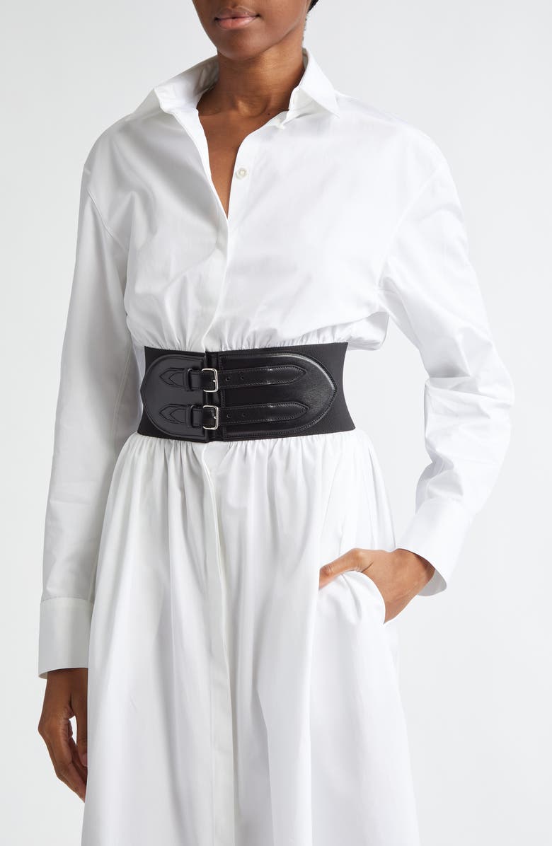 Alaïa Belted Long Sleeve Cotton Poplin Shirtdress, Alternate, color, Blanc