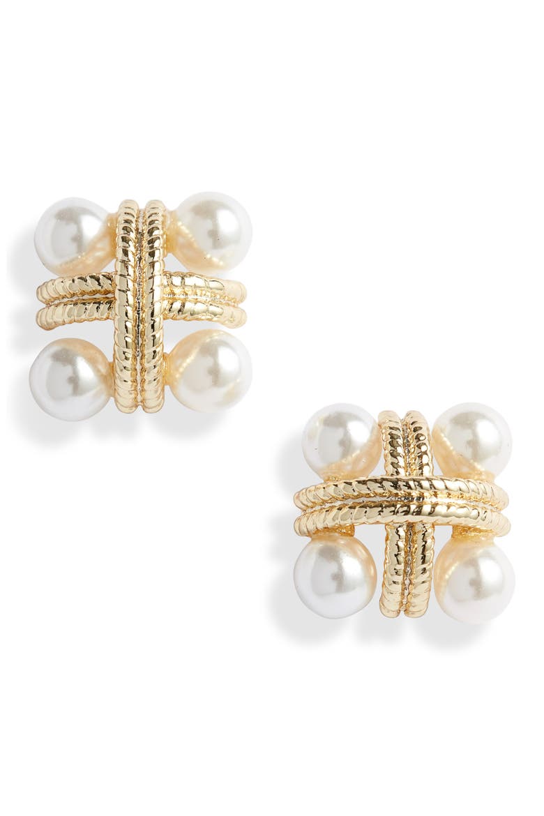 Rope & Imitation Pearl Stud Earrings, Main, color, GOLD