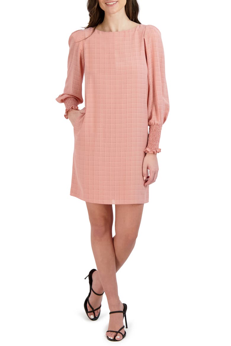 Check Long Sleeve Shift Dress, Main, color, BLUSH