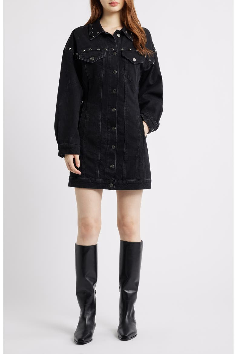 Ladera Studded Long Sleeve Denim Mini Shirtdress, Main, color, BLACK STONE STUDDED