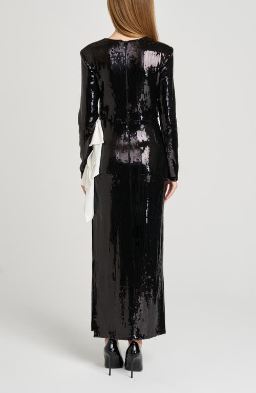 Wayf Charlize Sequin Side Bow Long Sleeve Maxi Dress In Black