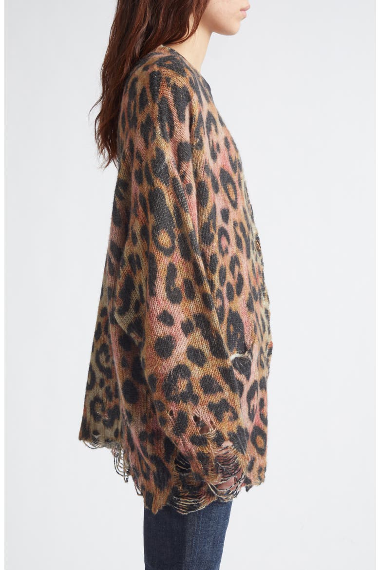 Oversize Distressed Leopard Print Cashmere Cardigan, Alternate, color, LIGHT BROWN PINK LEOPARD