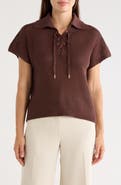 T Tahari Tie Neck Short Sleeve Open Stitch Sweater