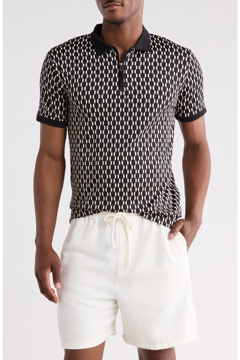 Geometric Quarter Zip Knit Polo, Main, color, BLACK