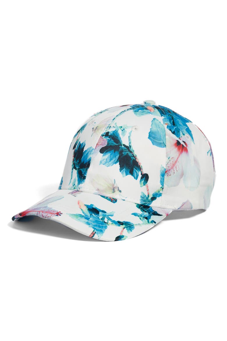 Tropical Floral Satin Baseball Cap, Main, color, WHITE