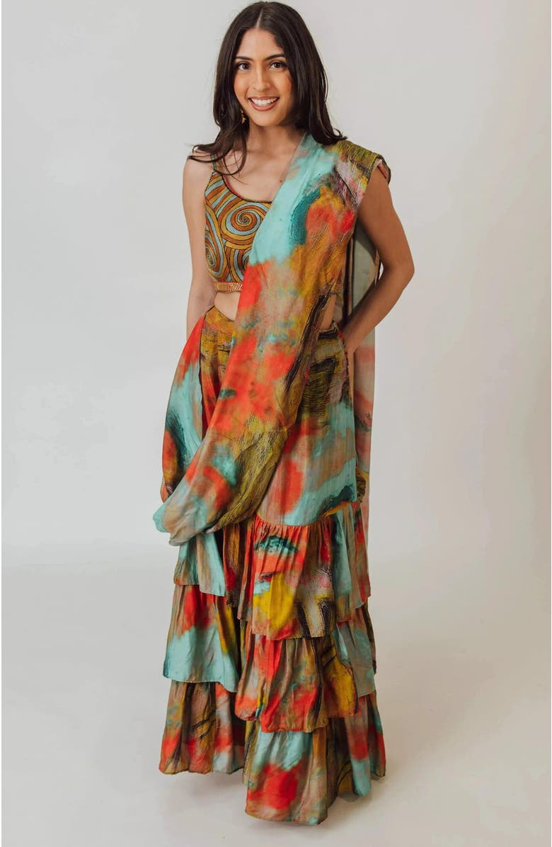 RAAS Kahlo Ruffle Saree Dress, Main, color, Brown Multi