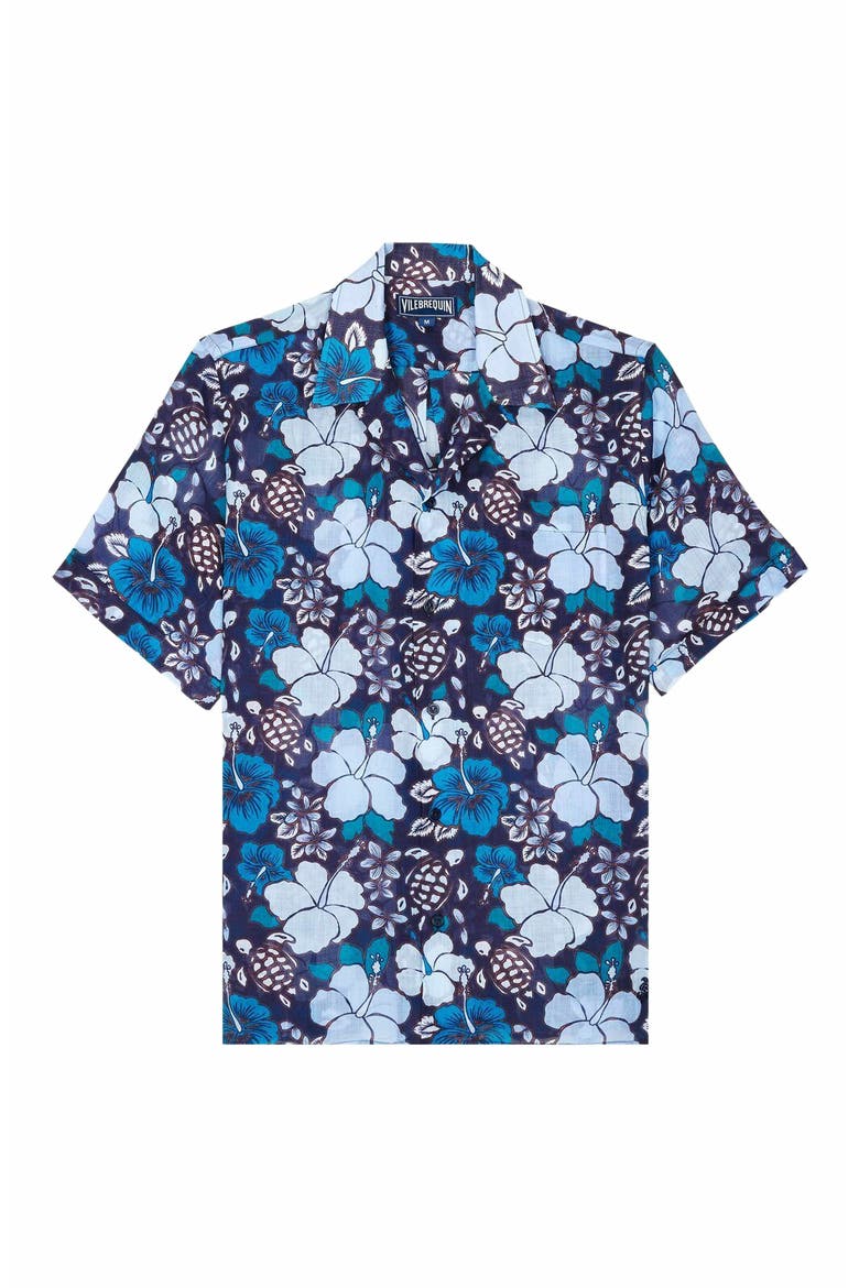 Men's Bowling Linen Tropical Turtles Shirt, Main, color, MINUIT
