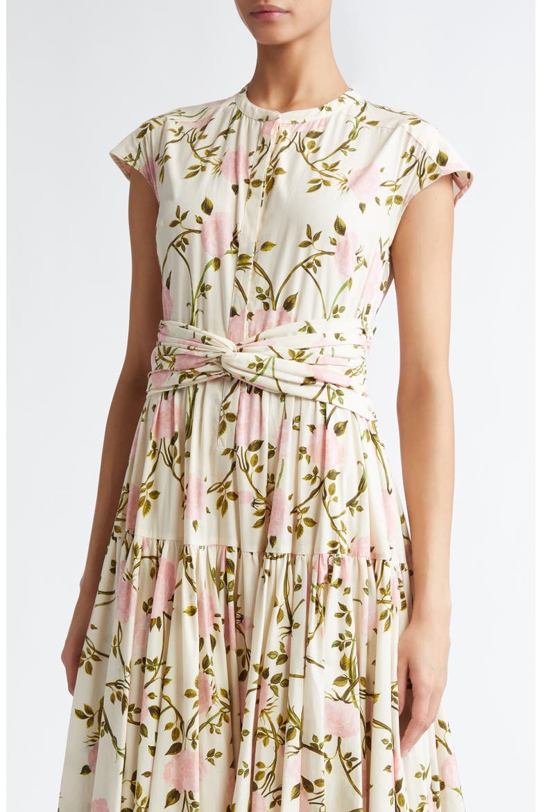 Rose Print Gathered Waist Midi Dress, Alternate, color, IVORY/ MULTI