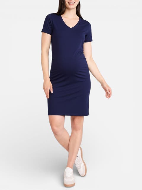 V-Neck Short Sleeve Side Ruched Bodycon Mini Dress