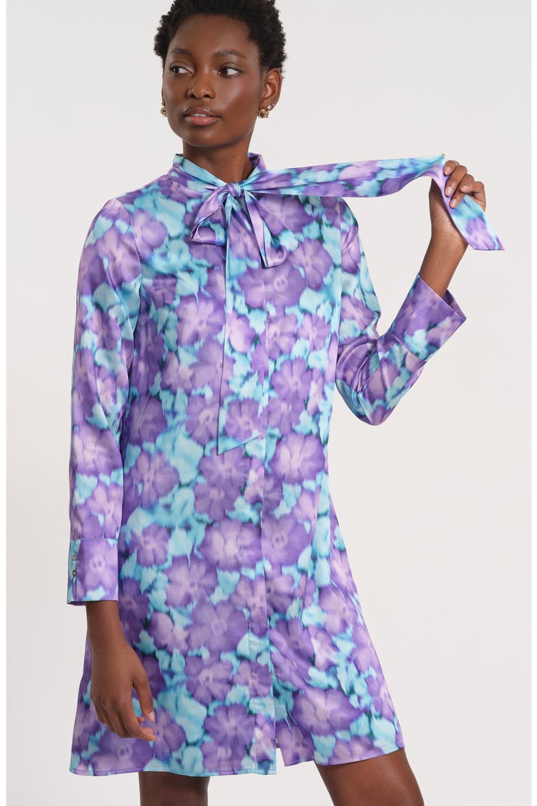 Tie Neck Long Sleeve Minidress, Alternate, color, BLUE/ LILAC