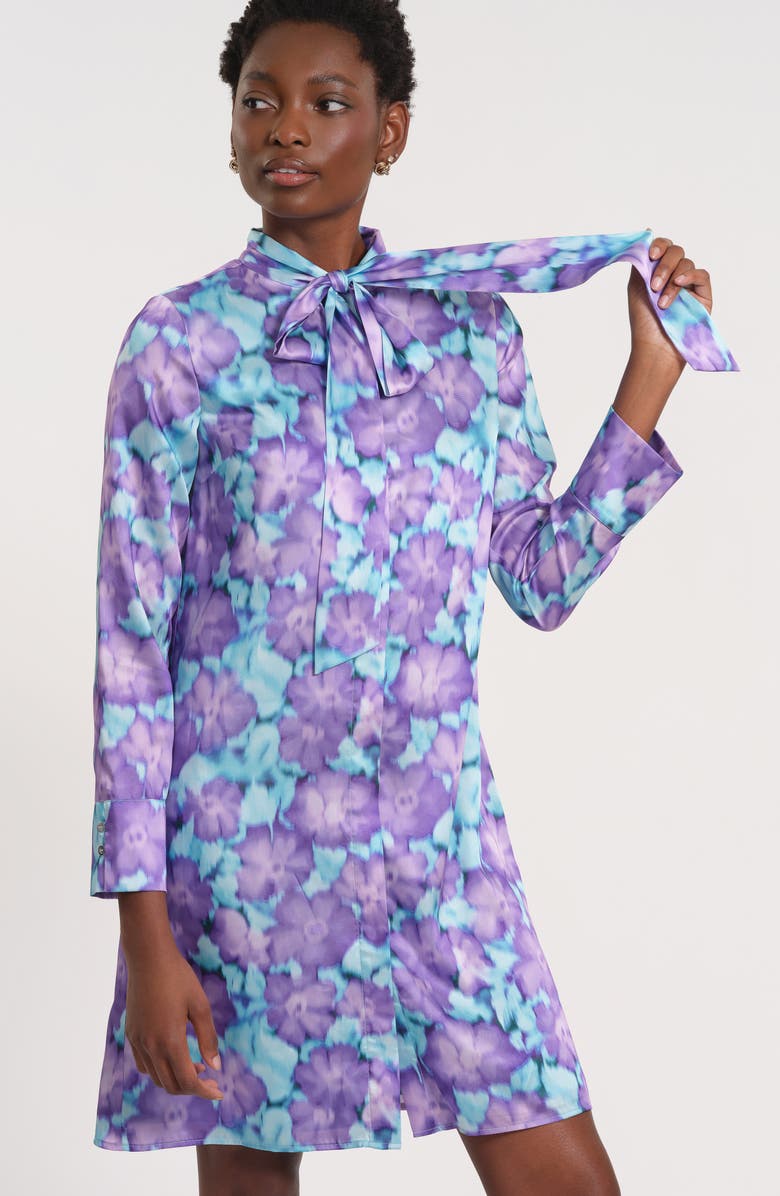 Isaac Mizrahi New York Tie Neck Long Sleeve Minidress, Alternate, color, Blue/ Lilac