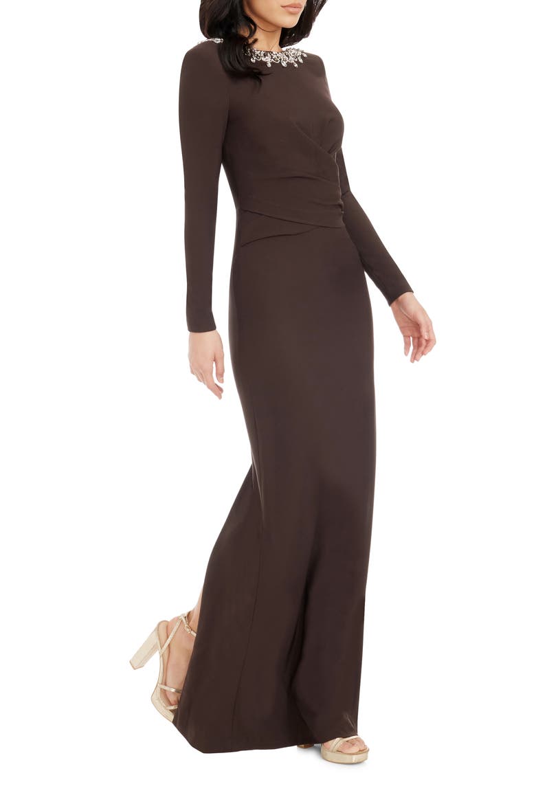 Anne Embellished Long Sleeve Column Gown, Alternate, color, MOCHA