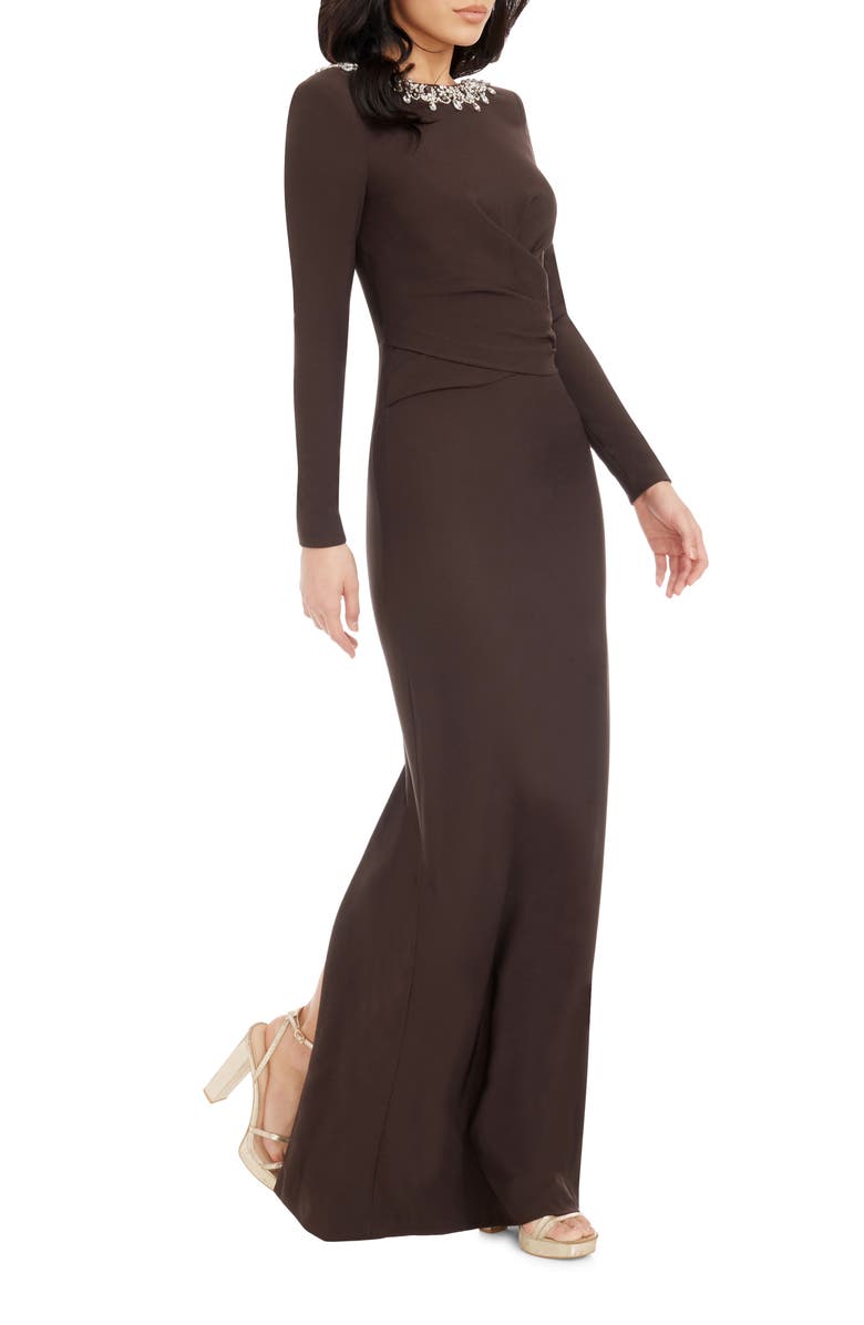 Dress the Population Anne Embellished Long Sleeve Column Gown, Alternate, color, Mocha