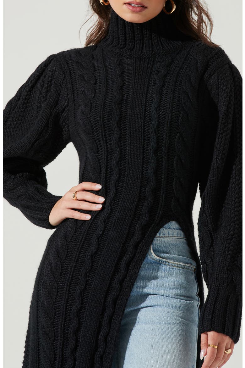 Evangelina Cable Stitch Maxi Turtleneck Sweater, Alternate, color, BLACK